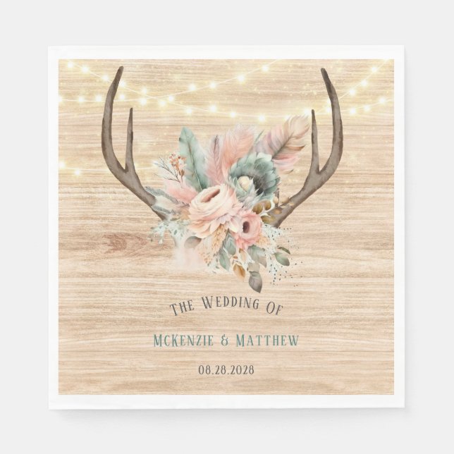 Boho Deer Antlers und Florals Wood Wedding Serviette (Vorderseite)
