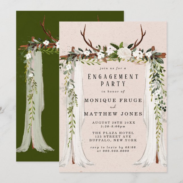 Boho Deer Antlers White Canopy Engagement Party Einladung (Vorne/Hinten)