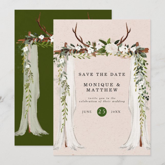 Boho Deer Antlers White Canopy Save the Date Einladung (Vorne/Hinten)