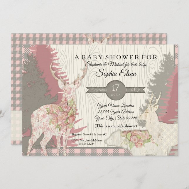 Boho Deer Bear Woodland Forest Kariert Baby Dusche Einladung (Vorne/Hinten)
