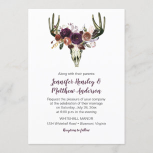 Boho Deer Skull Dark Lila Floral Bouquet Wedding Einladung