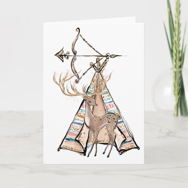 Boho Deer Tent Happy Birthday Karte (Vorderseite)