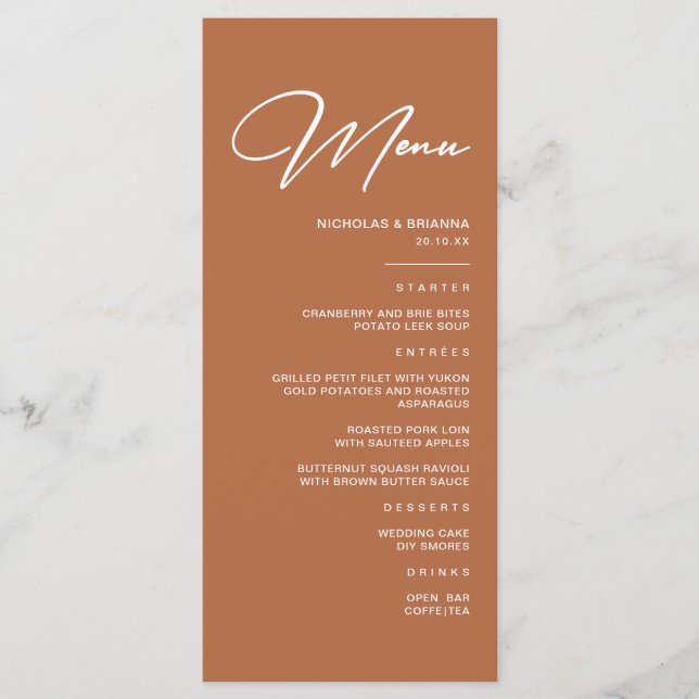 Boho Desert Burnt Orange Wedding Menükarte (Vorderseite)