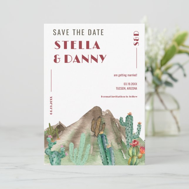 Boho Desert Cactus Arizona Hochzeit in Urlaubsort Save The Date (Stehend Vorderseite)