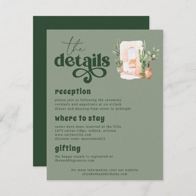 Boho Desert | Cactus Green Wedding Guest Details Begleitkarte (Vorne/Hinten)