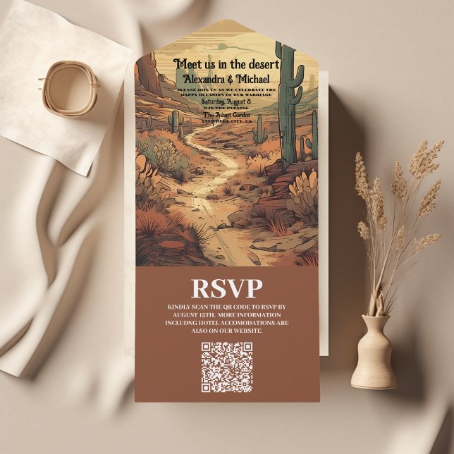 Boho Desert Cactus Illustrated Wedding QR Code All In One Einladung (Von Creator hochgeladen)