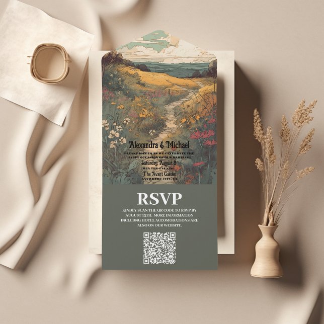 Boho Desert Cactus Illustriert Wedding QR Code All In One Einladung (Von Creator hochgeladen)