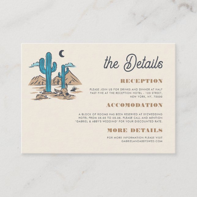 Boho Desert Cactus Retro Arizona Wedding Details Begleitkarte (Vorderseite)
