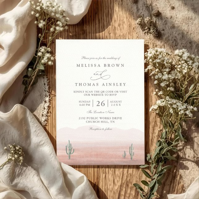 Boho Desert Cactus Rustic Elegant QR Code Wedding Einladung (Von Creator hochgeladen)