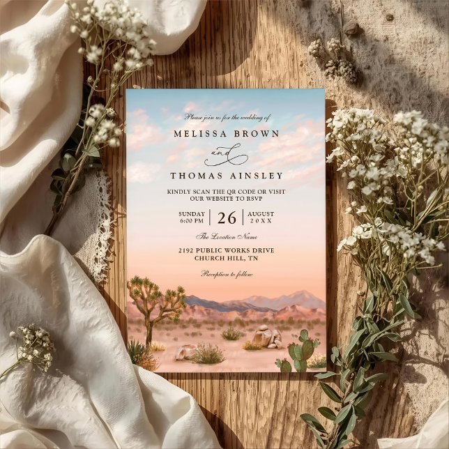 Boho Desert Cactus Rustic Elegant QR Code Wedding Einladung (Von Creator hochgeladen)