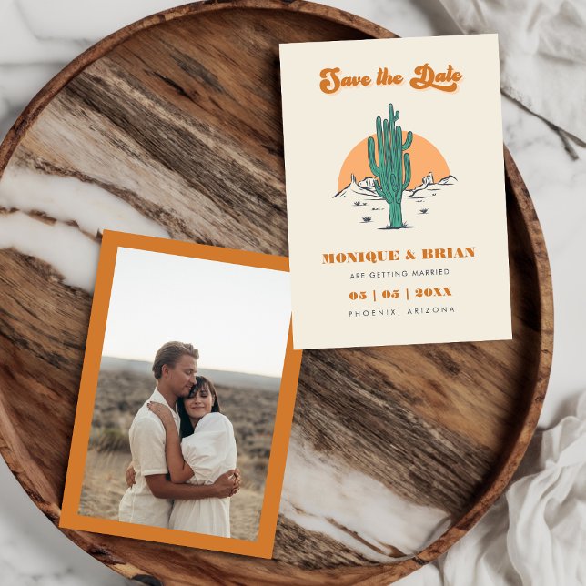 Boho Desert Groovy Retro Cactus & Foto Wedding Save The Date (Von Creator hochgeladen)