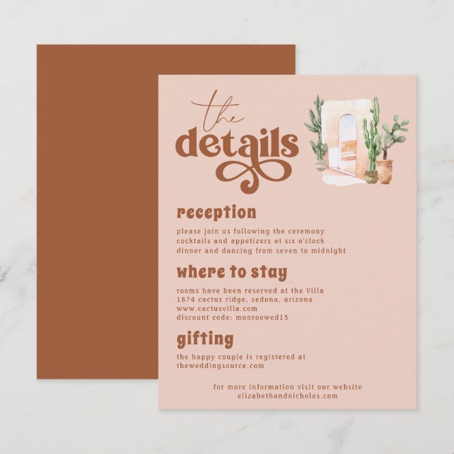Boho Desert | Terra Cotta Wedding Guest Details Begleitkarte (Vorne/Hinten)