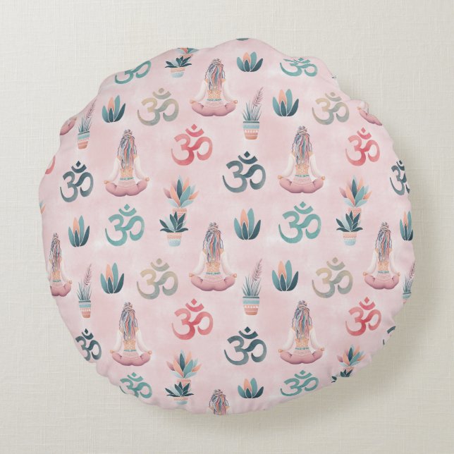 Boho Design- Frau mit Dreadlocks- Meditation- OM Rundes Kissen (Rückseite)