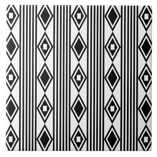 Boho Diamonds Stripes Schwarz-weiß Fliese (Vorderseite)