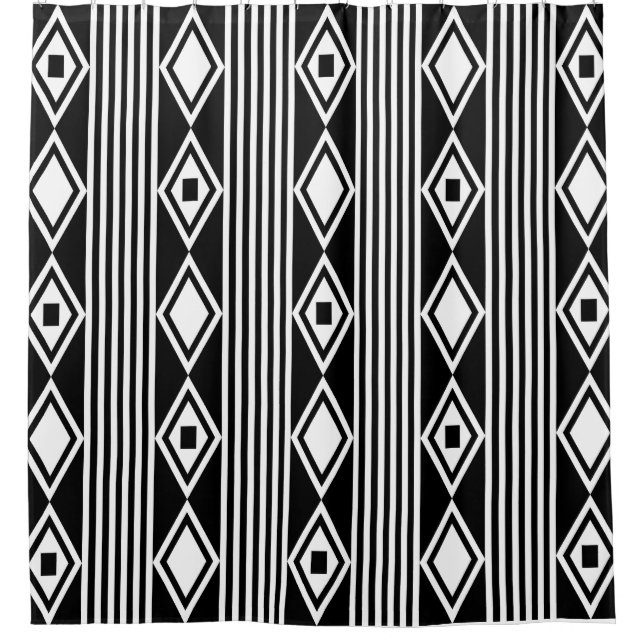 Boho Diamonds Stripes White Black Duschvorhang (Vorderseite)