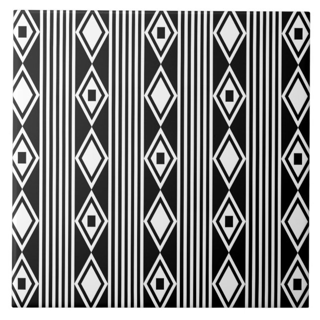 Boho Diamonds Stripes White Black Fliese (Vorderseite)