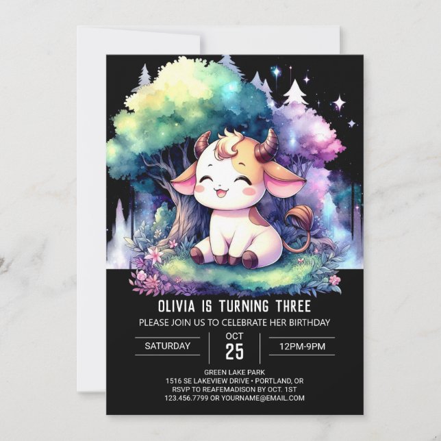 Boho Digital Cow Birthday Einladung (Vorderseite)