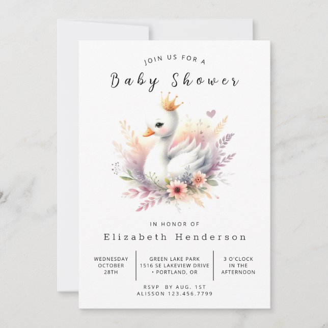 Boho Digital Swan Baby Shower Einladung (Vorderseite)