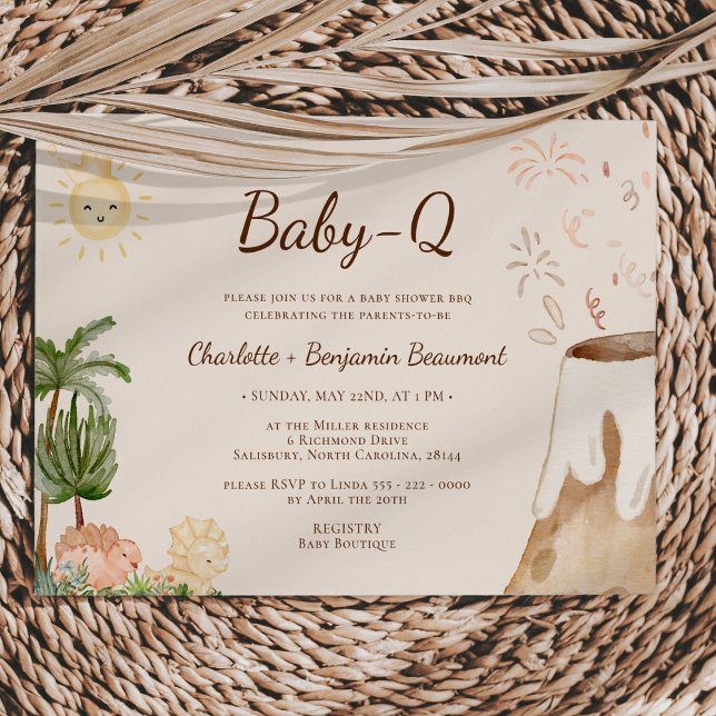 Boho Dinosaur Beige Baby-Q GRILLEN Baby Shower Einladung (Von Creator hochgeladen)