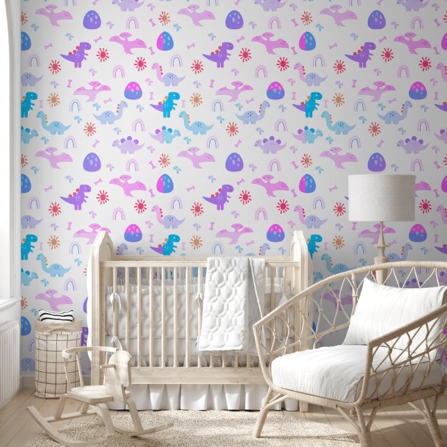 Boho Dinosaurier Pink Lila Blue Kinderzimmer Tapete (Kinder)