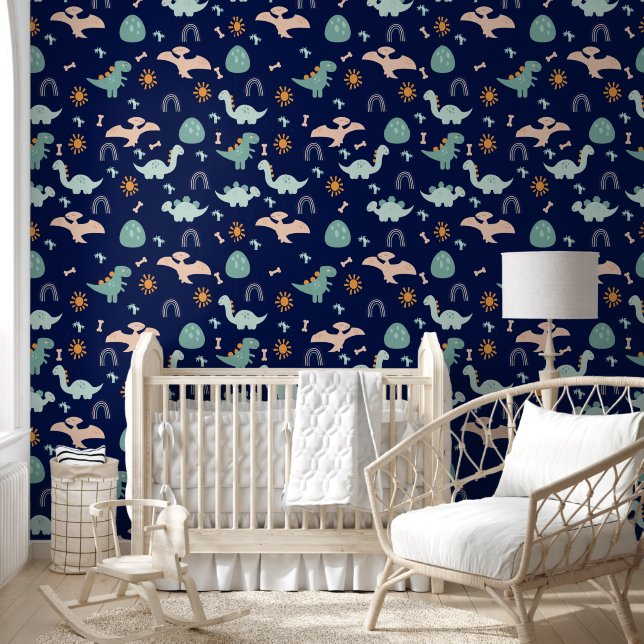 Boho Dinosaurs Adventure Dark Blue Kinderzimmer Tapete (Kinder)