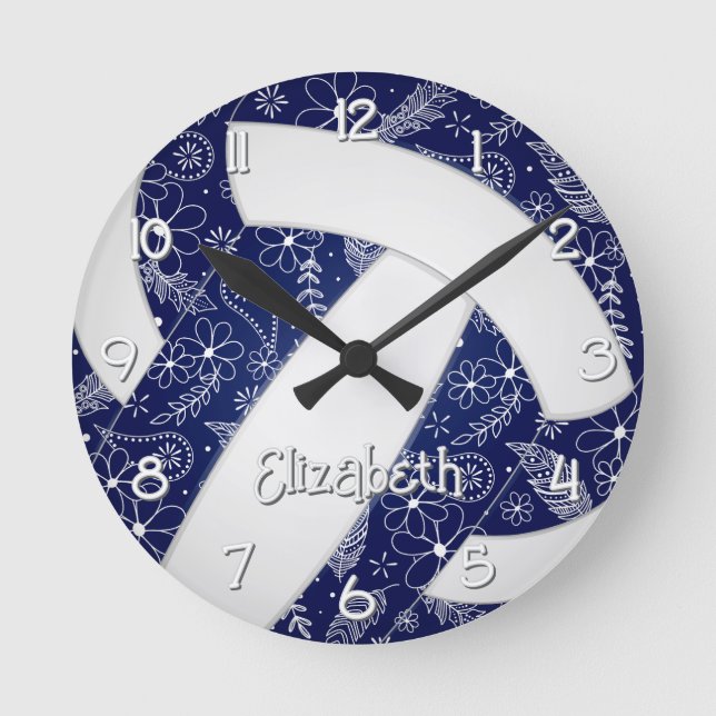 Boho doodle blühende Blauvolleyball Runde Wanduhr (Vorderseite)