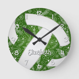 Boho doodle blumengrün, weißer Volleyball Runde Wanduhr