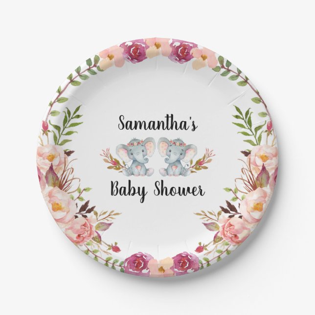 Boho Doppelelefant-Babyparty-Pappteller Pappteller (Vorderseite)