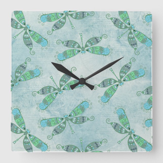 Boho Dragonfts in Blau Quadratische Wanduhr (Vorderseite)