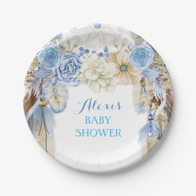 Boho Dream Catcher Feather Tribal Blue Ivory Pappteller (Vorderseite)