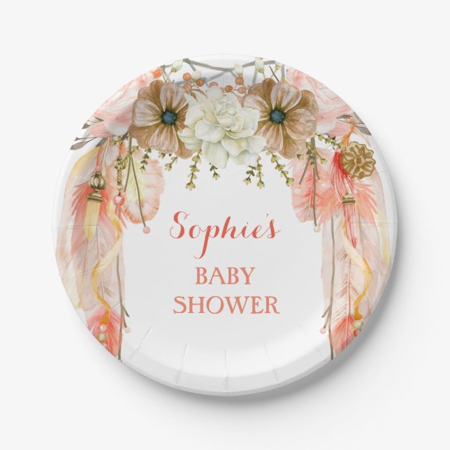 Boho Dream Catcher Feather Tribal Peach Coral Pappteller (Vorderseite)