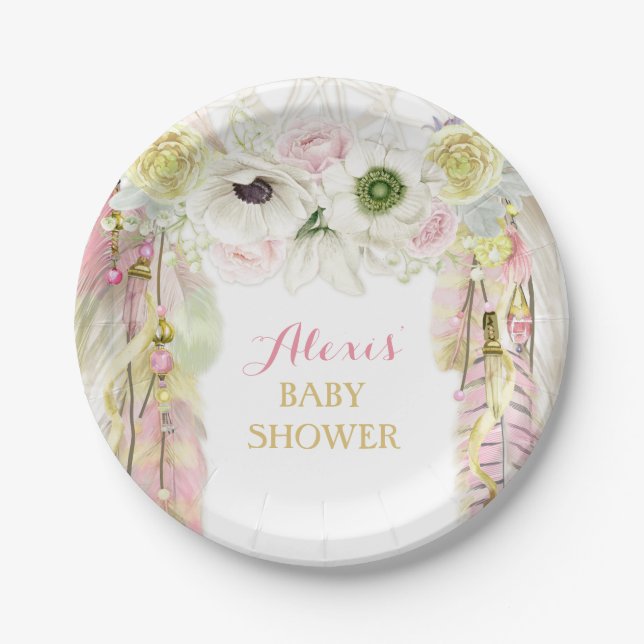 Boho Dream Catcher Feather Tribal Pink Yellow Pappteller (Vorderseite)