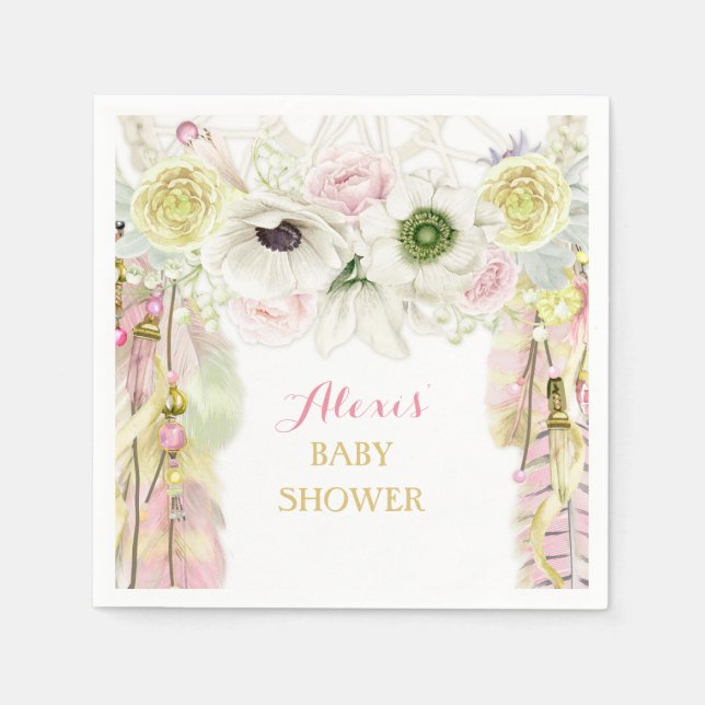 Boho Dream Catcher Feathers Pink Yellow Serviette (Vorderseite)