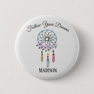 Boho Dream Catcher Floral Blume Feathers Tribal Button