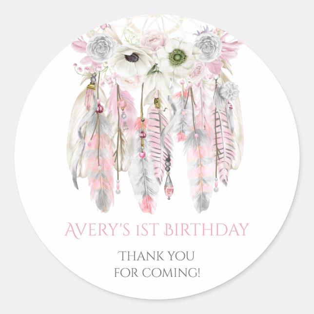 Boho Dream Catcher Pink Gray Elvory Feathers Runder Aufkleber (Vorderseite)