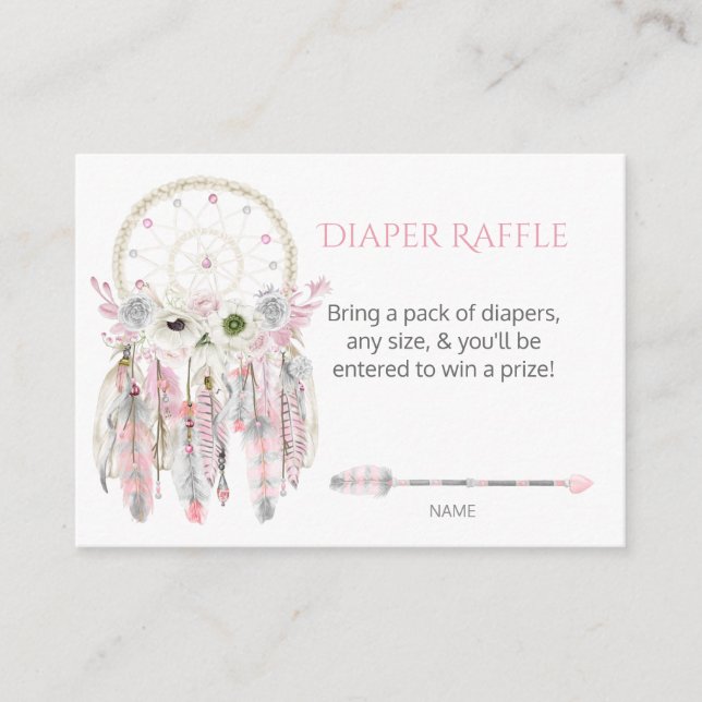 Boho Dream Catcher Pink GrayFeathers Diaper Raffle Begleitkarte (Vorderseite)