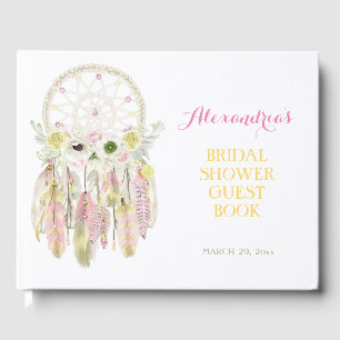 Boho Dream Catcher Pink Yellow Feathrows Arrows Gästebuch