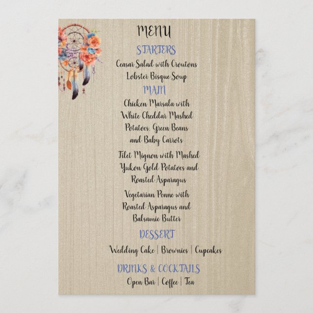 Boho Dream Catcher Wedding Reception 12x18 Menükarte (Vorderseite)