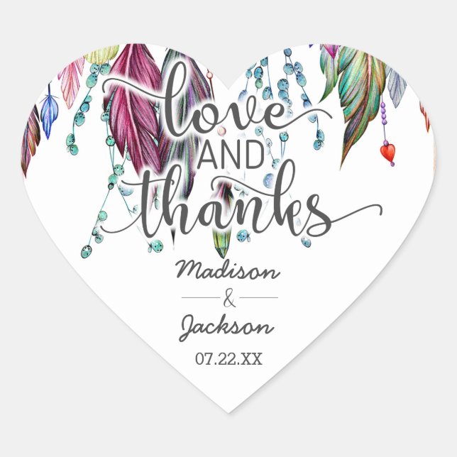 Boho Dreamcatcher & Feathers Liebe & Danke Herz-Aufkleber (Vorderseite)