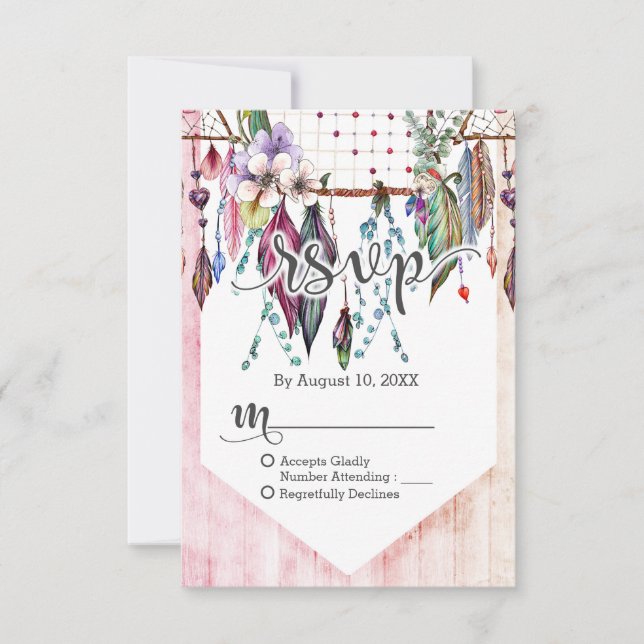 Boho Dreamcatcher & Feathers Pink Wedding RSVP (Vorderseite)