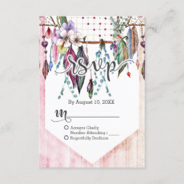Boho Dreamcatcher & Feathers Pink Wedding RSVP Karte