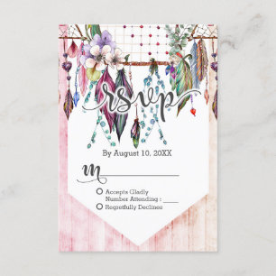 Boho Dreamcatcher & Feathers Pink Wedding RSVP Karte