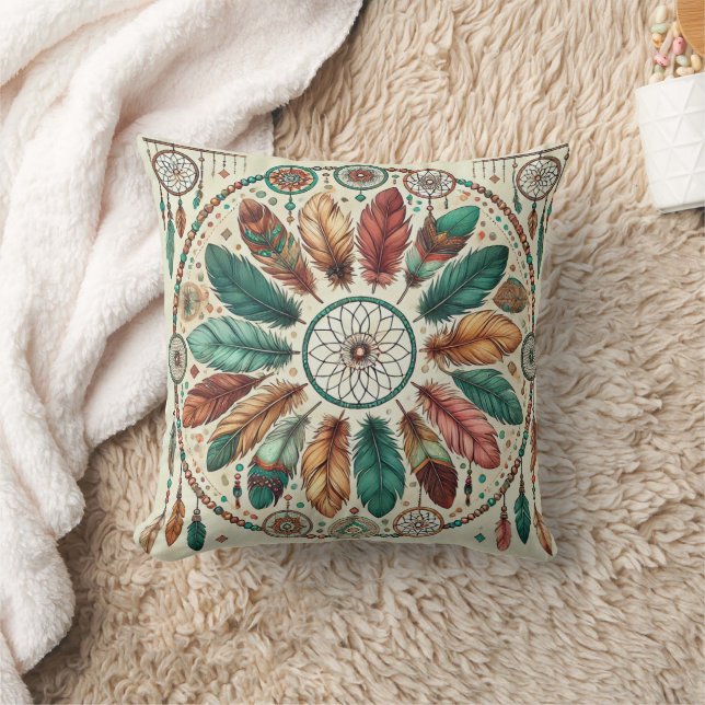 Boho Dreamcatcher Mystic Feather Throw Pillow Kissen (Decke)