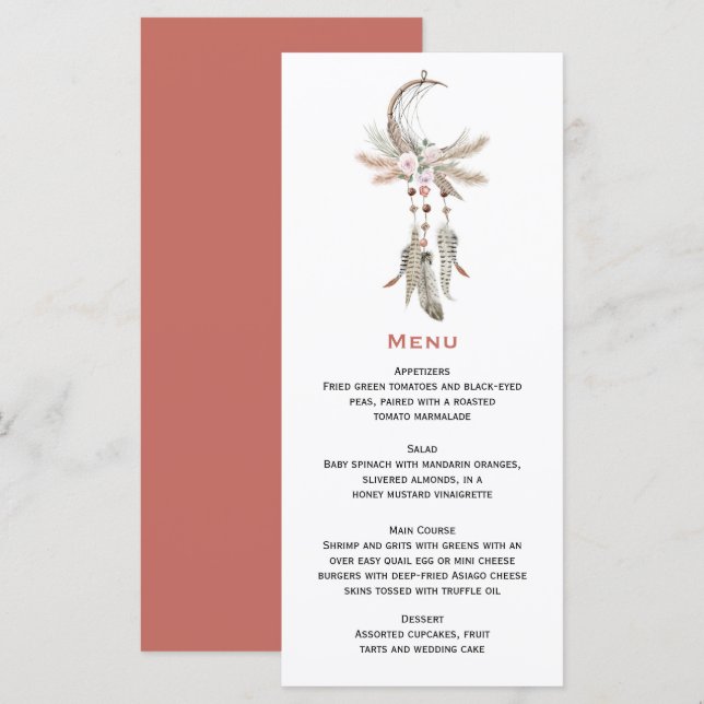 Boho Dreamcatcher Pampas Grass Feathers Floral Menükarte (Vorne/Hinten)