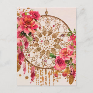 Boho Dreamcatcher Pink Gold Floral Feiertagspostkarte