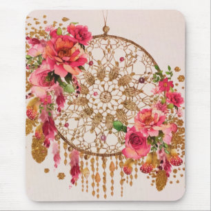 Boho Dreamcatcher Pink Gold Floral Mousepad