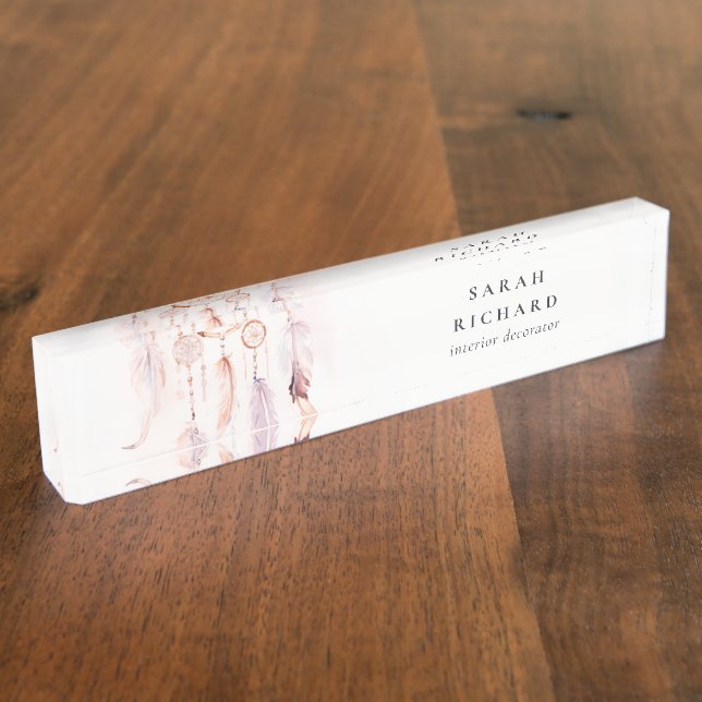 Boho Dreamcatcher Watercolor Lilac Blush Peach Namensplakette (Seite)