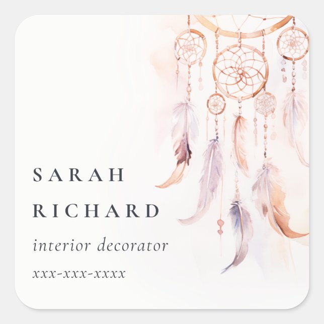 Boho Dreamcatcher Watercolor Lilac Blush Peach Quadratischer Aufkleber (Vorderseite)