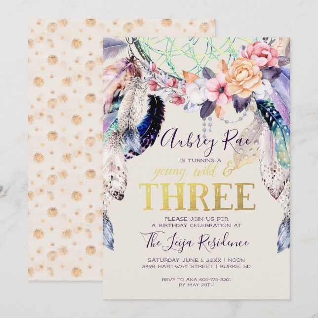 Boho Dreamcatcher | Young Wild & Three Einladung (Vorne/Hinten)