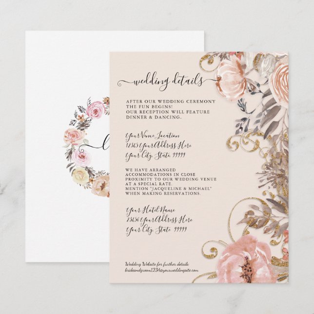 Boho Dried Floral Blush Rose Gold Wedding Details Einladung (Vorne/Hinten)